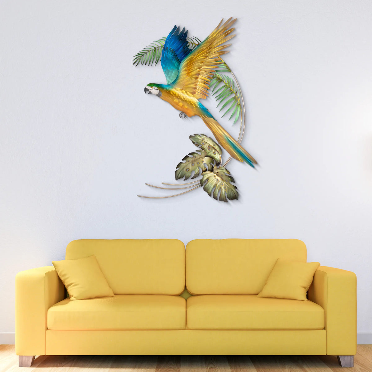 Tropical Blue & Gold Macaw Stainless Steel Wall Art – 33” x 47”