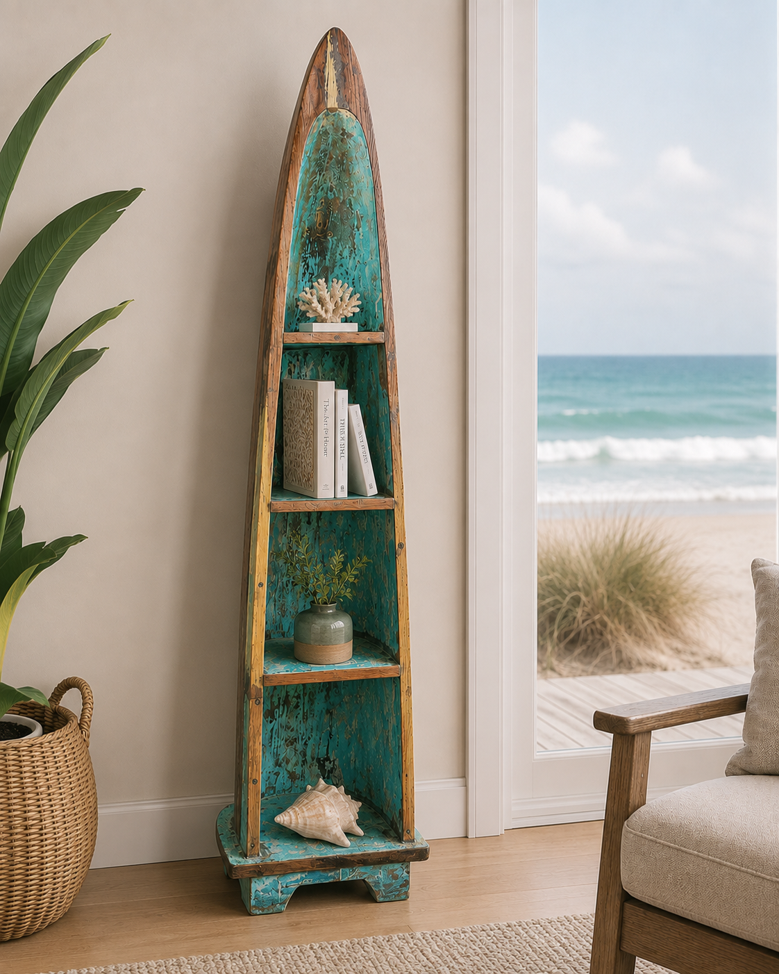 Authentic reclaimed boat wood canoe shelf, Bali, Indonesia, additional view 3