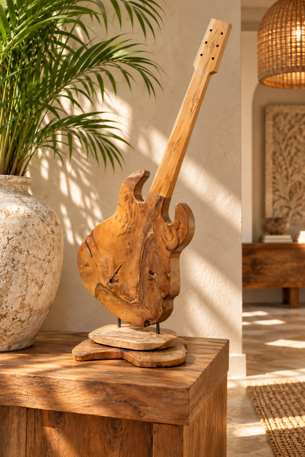 Handmade Bali Teak Guitar Sculpture on Stand