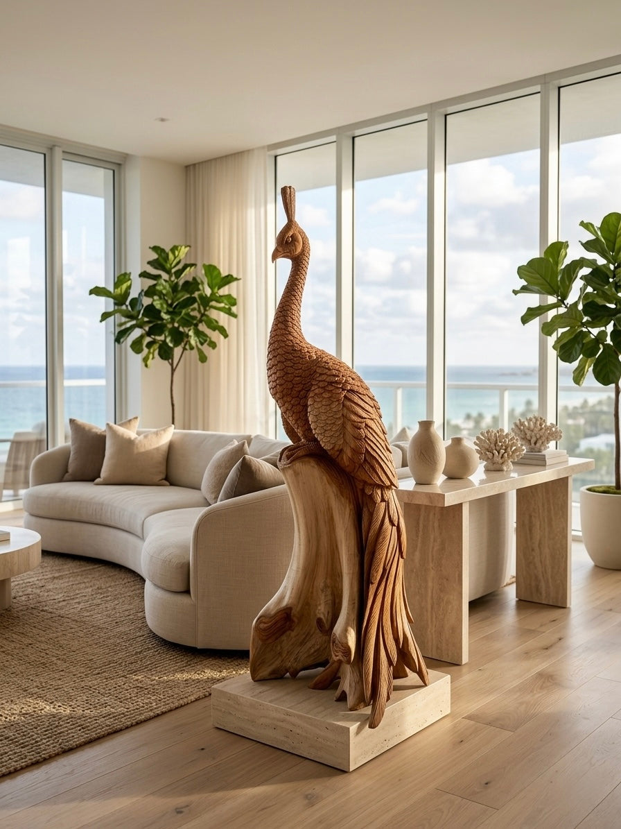 Hand Carved Teak Peacock Sculpture The Broward Design Center