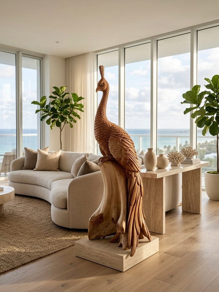 Hand Carved Teak Peacock Sculpture The Broward Design Center