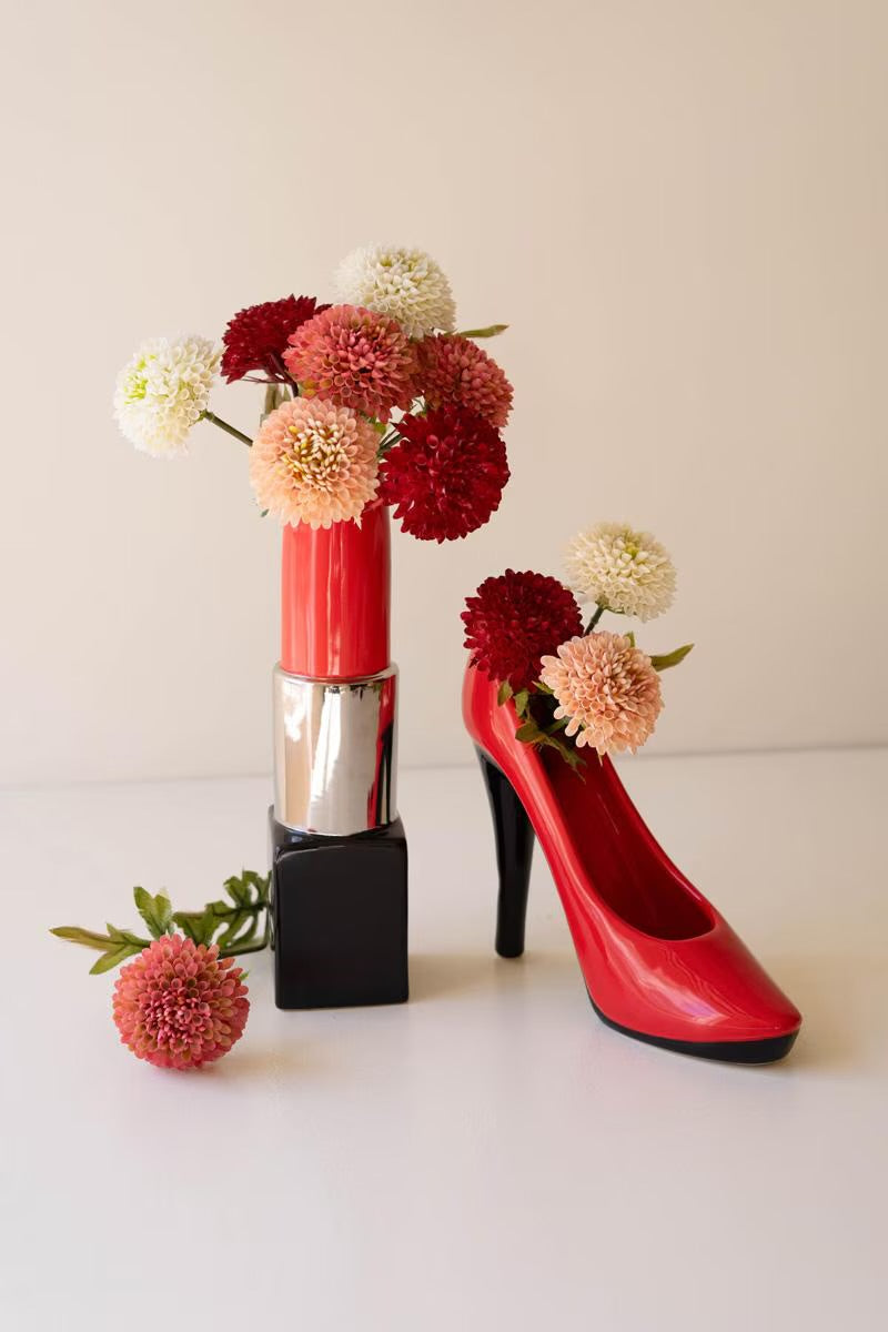Set of Two Ceramic Lipstick and High Heel Vases