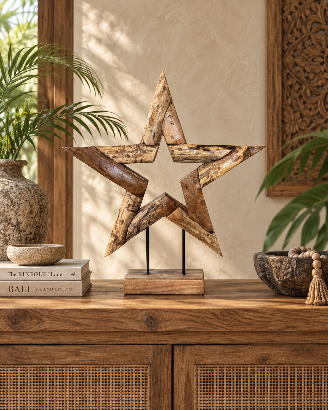 Hand-Carved Bali Teak Star Sculpture on Stand – Small