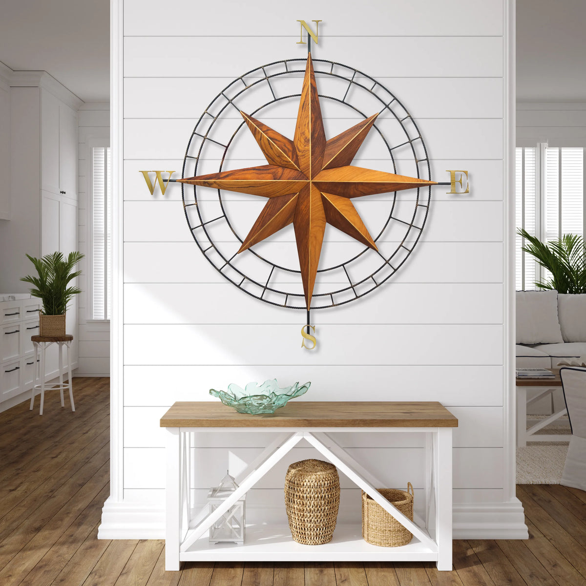 Hand-Carved Teak Compass Rose Wall Art with Stainless Steel Frame – 30”