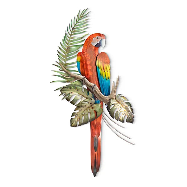 Tropical scarlet macaw on branch stainless steel wall art, 23 inch x 44 inch
