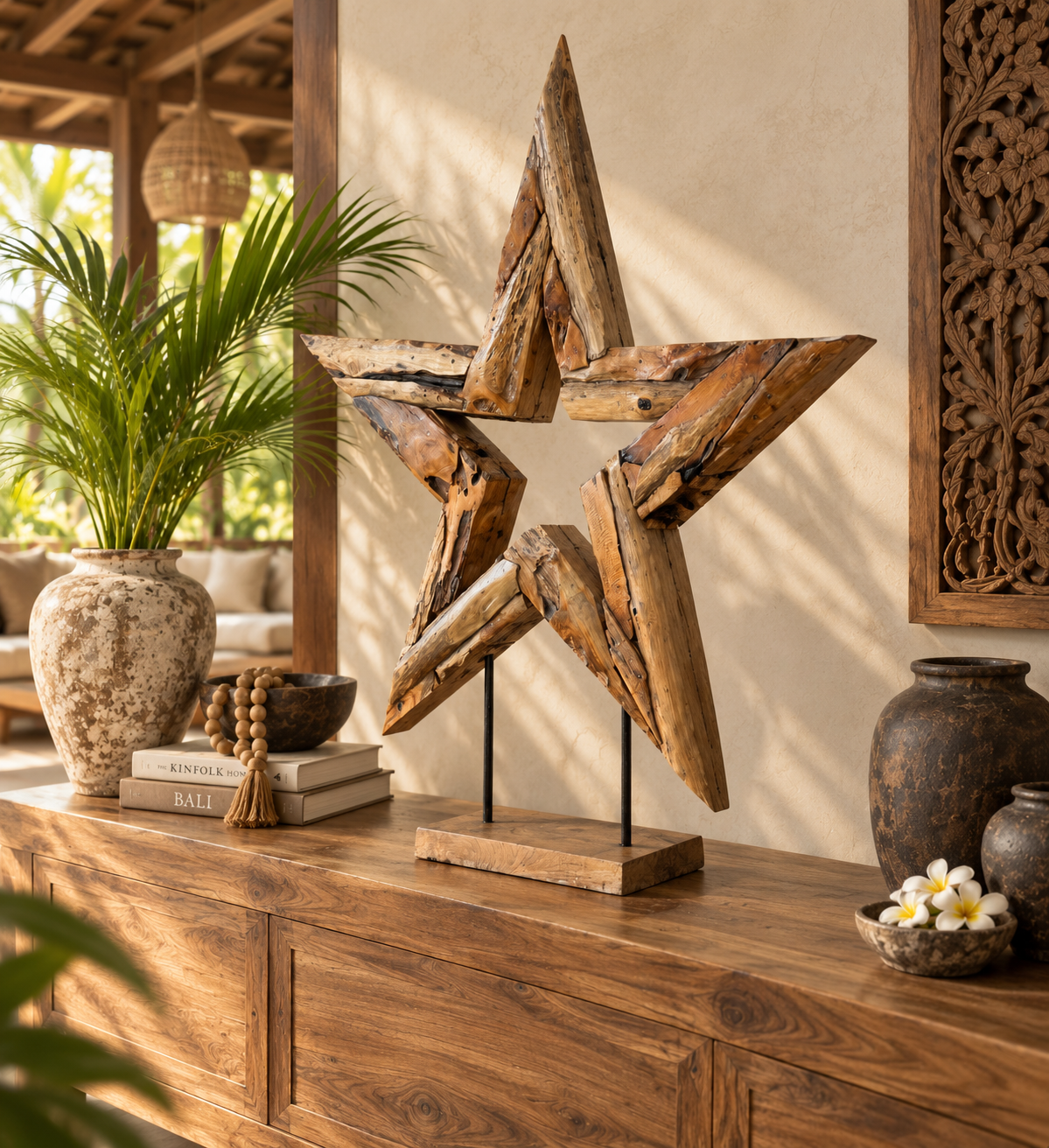 Hand-Carved Bali Teak Star Sculpture on Stand – Large