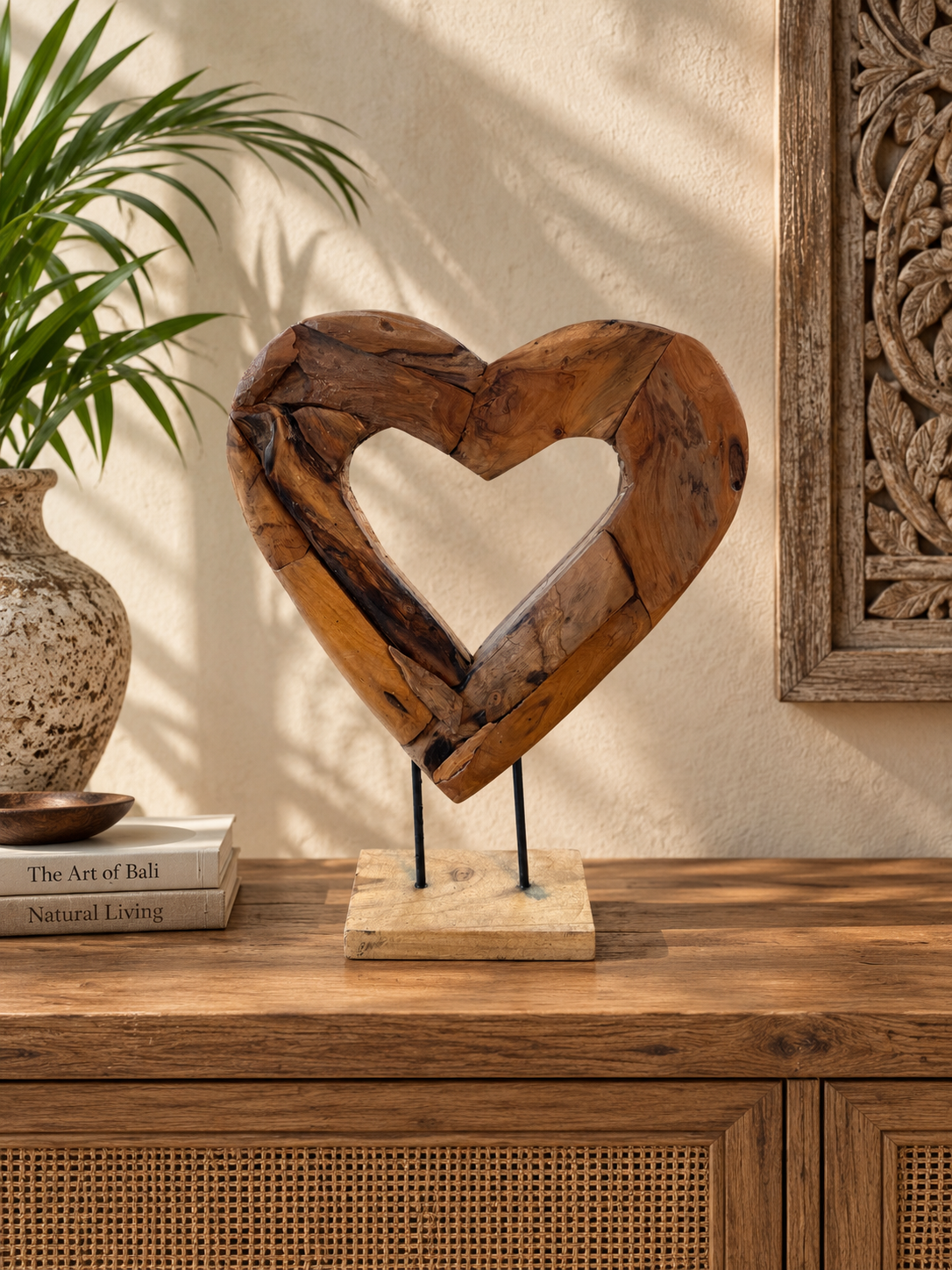 Handmade Bali Teak Heart Sculpture on Stand Small