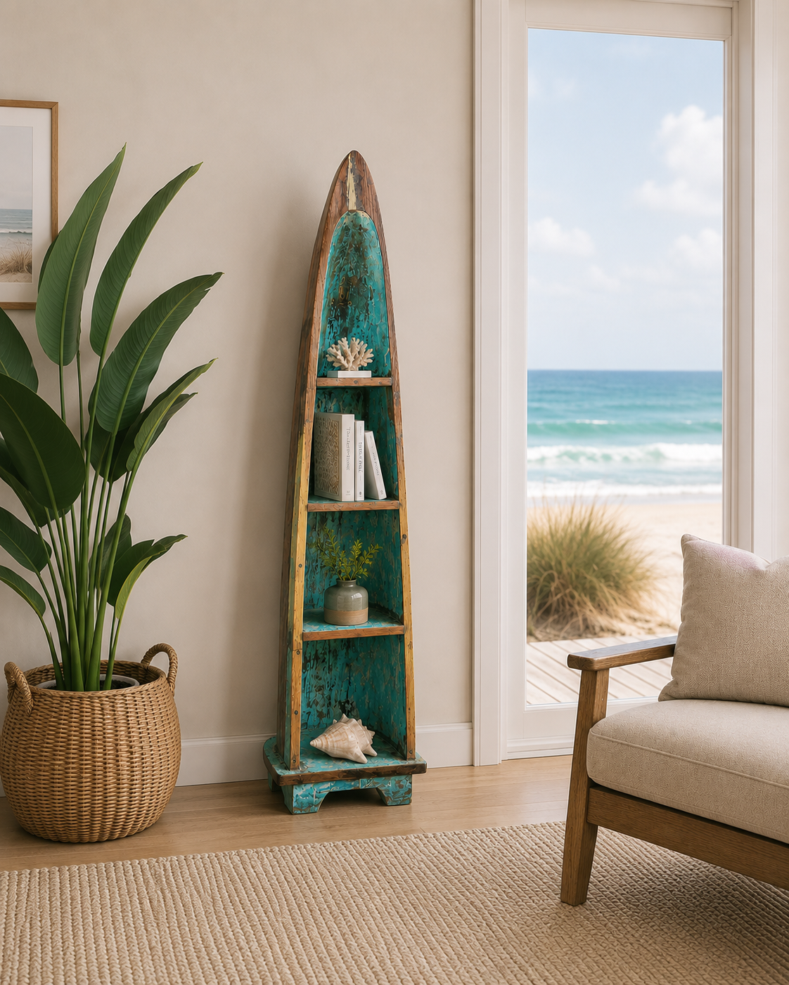 Authentic reclaimed boat wood canoe shelf, Bali, Indonesia, additional view 2