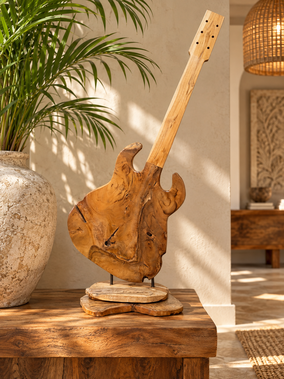 Handmade Bali Teak Guitar Sculpture on Stand
