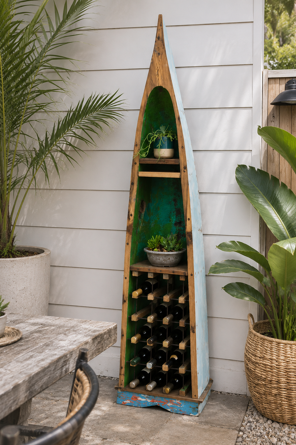 Authentic reclaimed boat wood canoe shelf, Bali, Indonesia