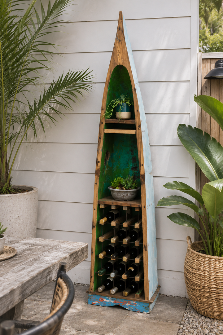 Authentic reclaimed boat wood canoe shelf, Bali, Indonesia