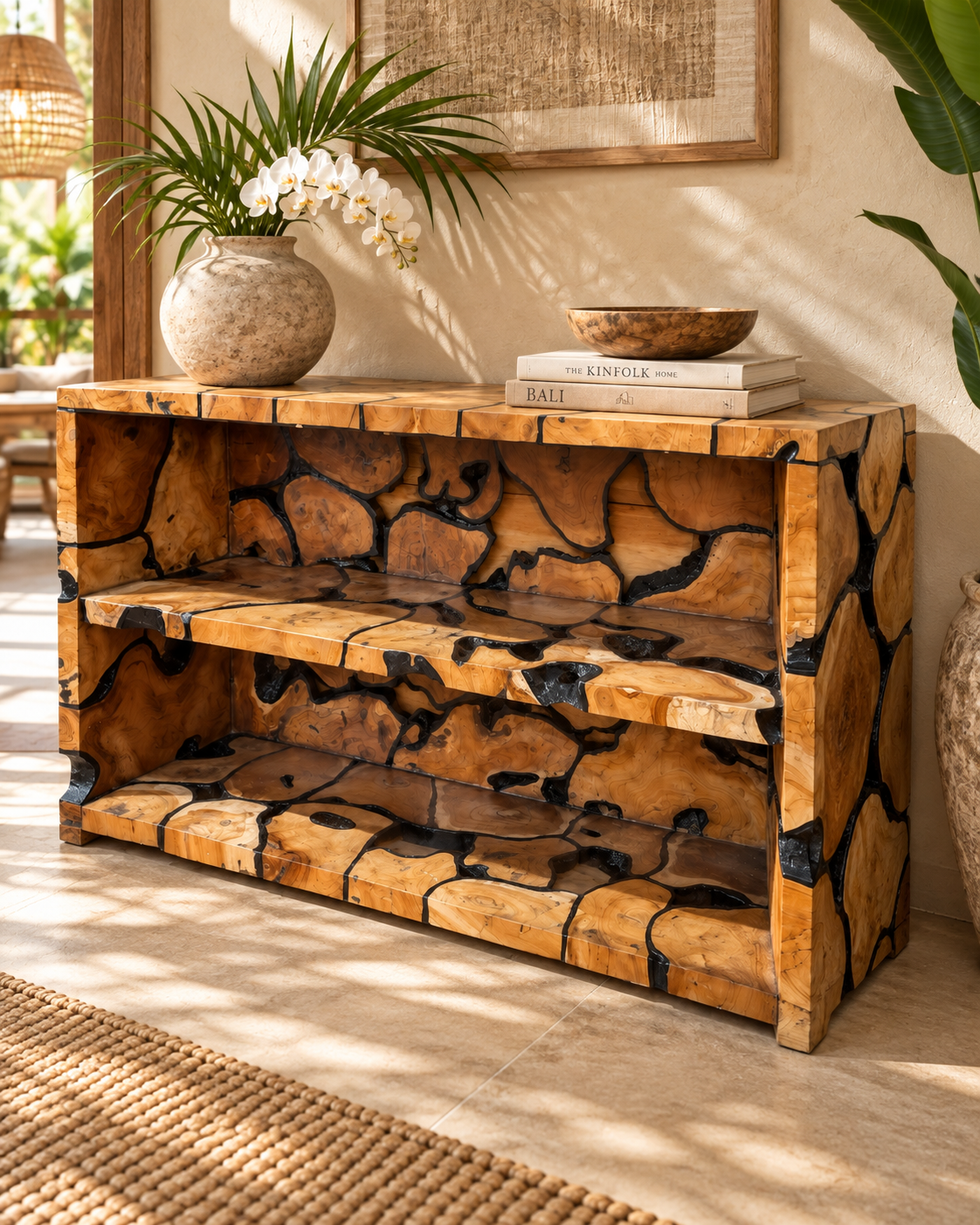 Handmade Bali Teak Mosaic Console Table with Shelf – 47”