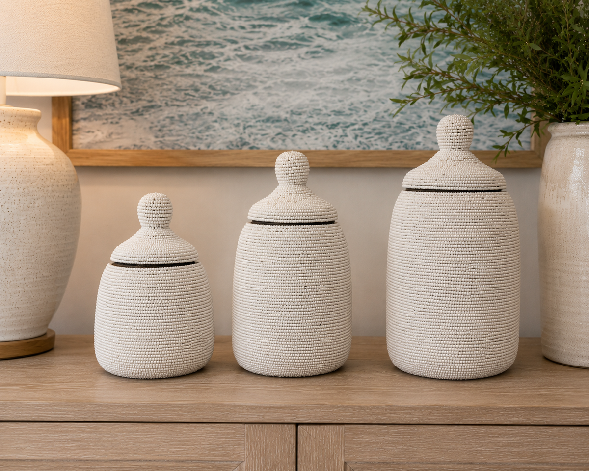 Beaded wooden jar set of 3, additional view 4