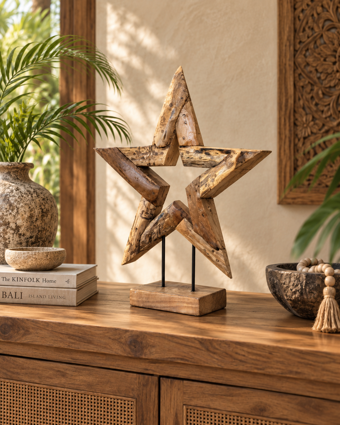 Hand-Carved Bali Teak Star Sculpture on Stand – Small
