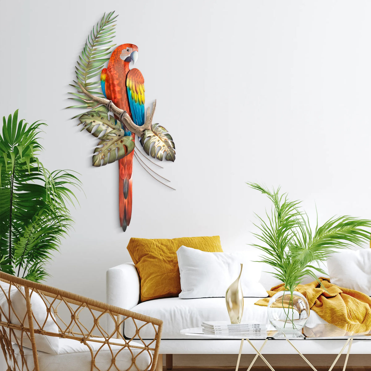 Tropical Scarlet Macaw on Branch Stainless Steel Wall Art – 23” x 44”
