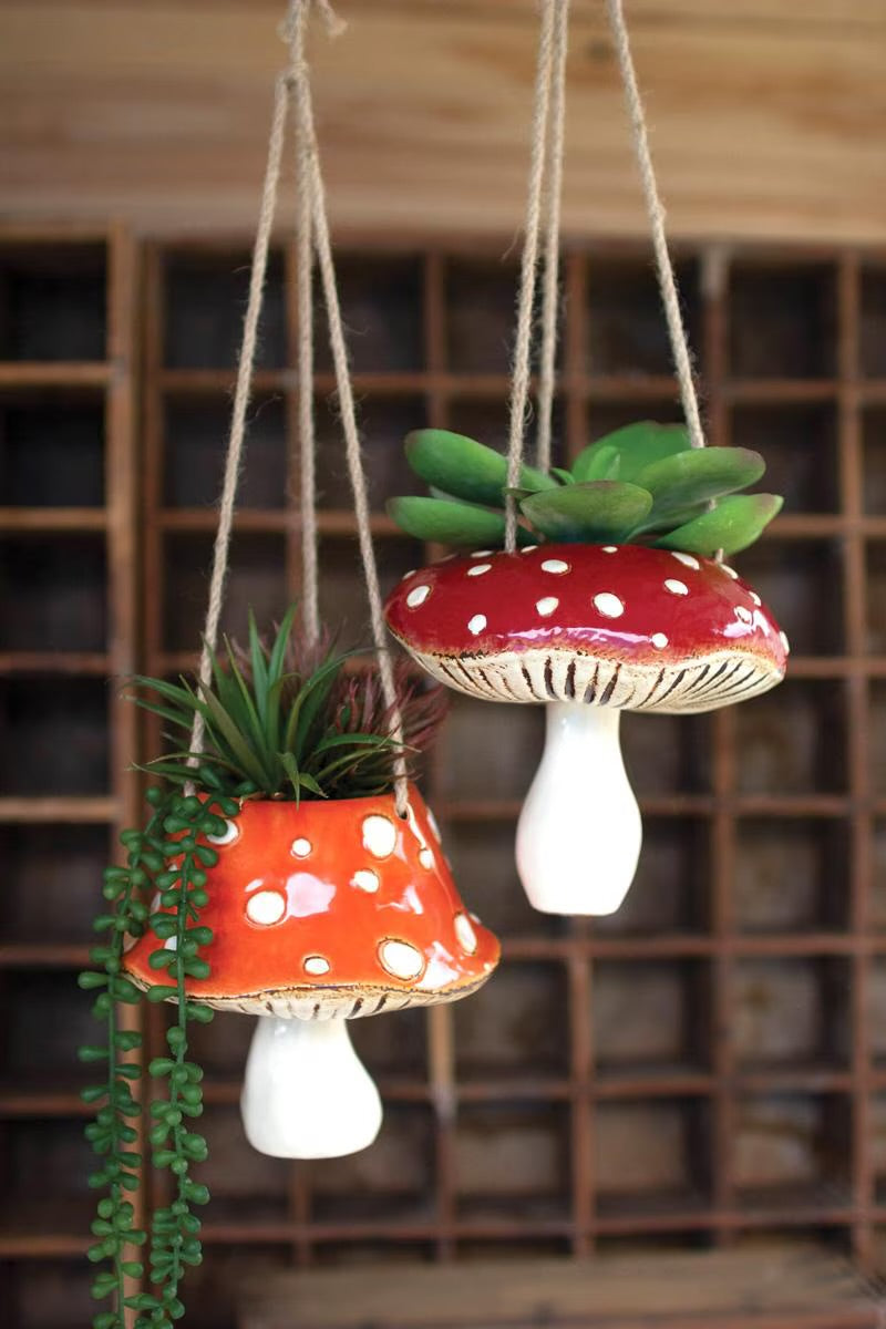 Set of Two Ceramic Toadstool Hanging Planters