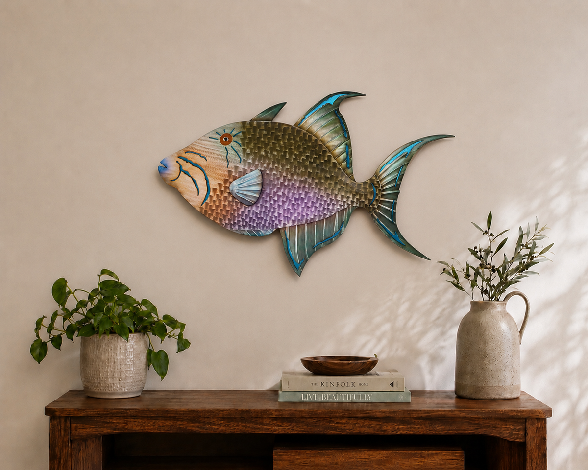 Triggerfish stainless steel wall art coastal fish sculpture