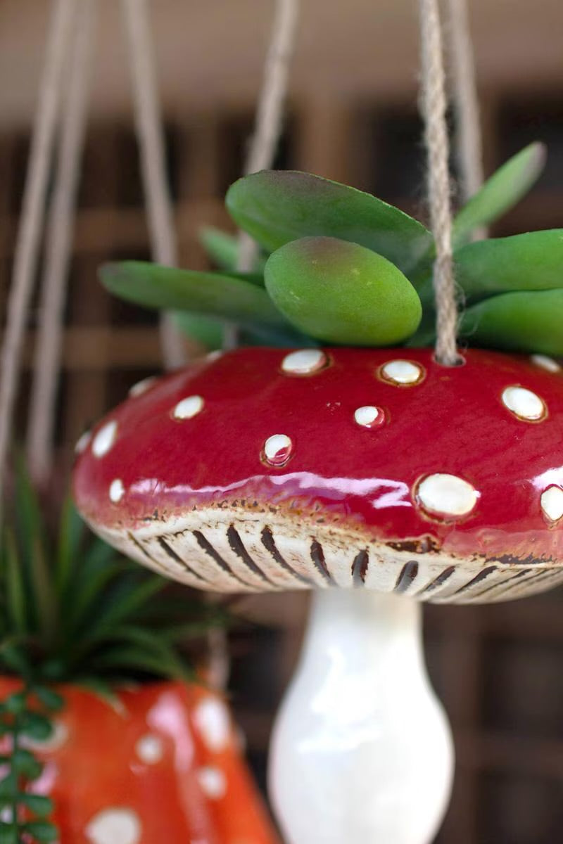 Set of Two Ceramic Toadstool Hanging Planters