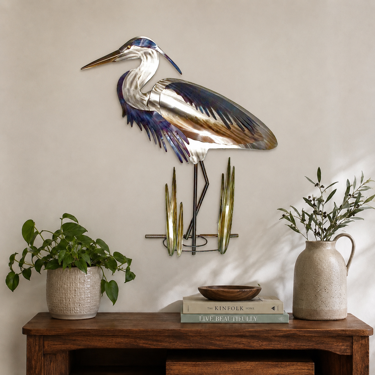 Blue Heron Head Down (face left/stainless steel)