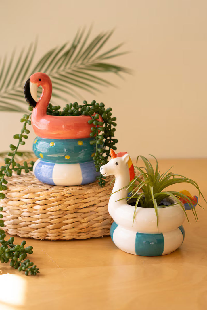 Set of 2 ceramic flamingo and unicorn floatie vases, additional view 4