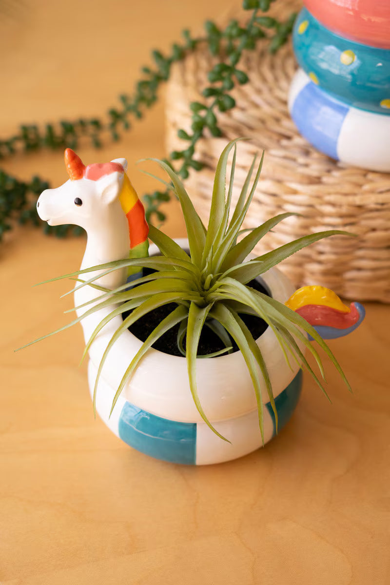Set of 2 ceramic flamingo and unicorn floatie vases, additional view 3