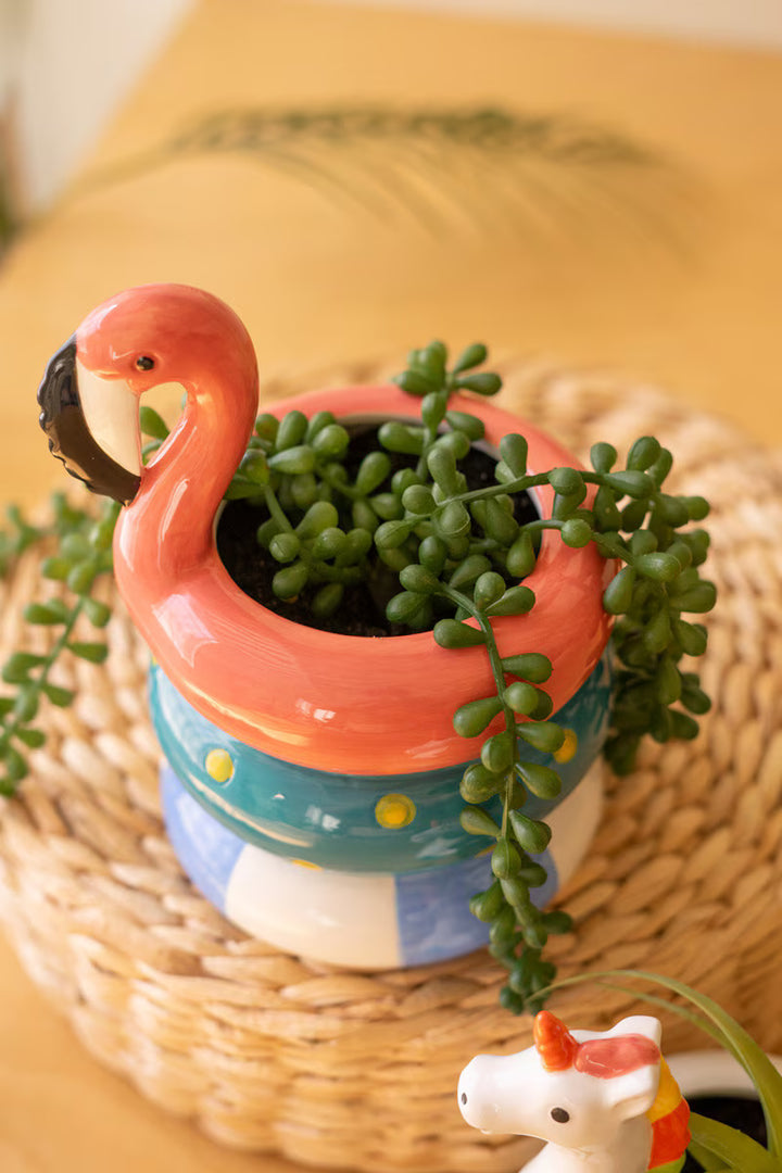 Set of 2 ceramic flamingo and unicorn floatie vases, additional view 2