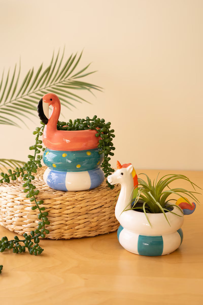 Set of 2 ceramic flamingo and unicorn floatie vases