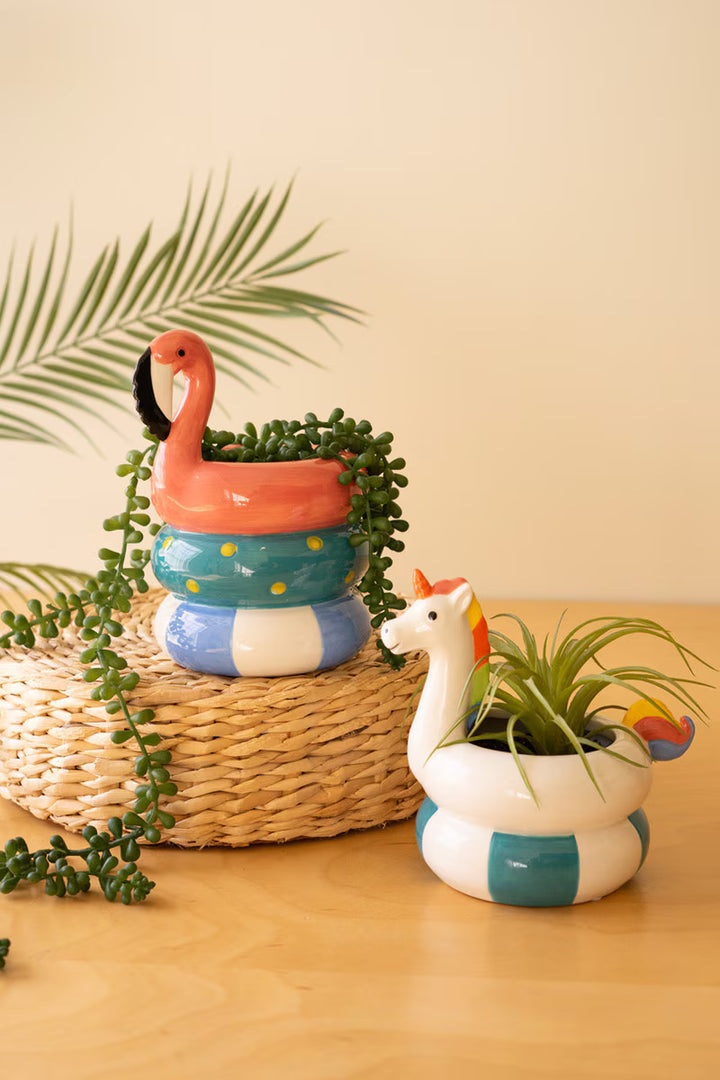 Set of 2 ceramic flamingo and unicorn floatie vases