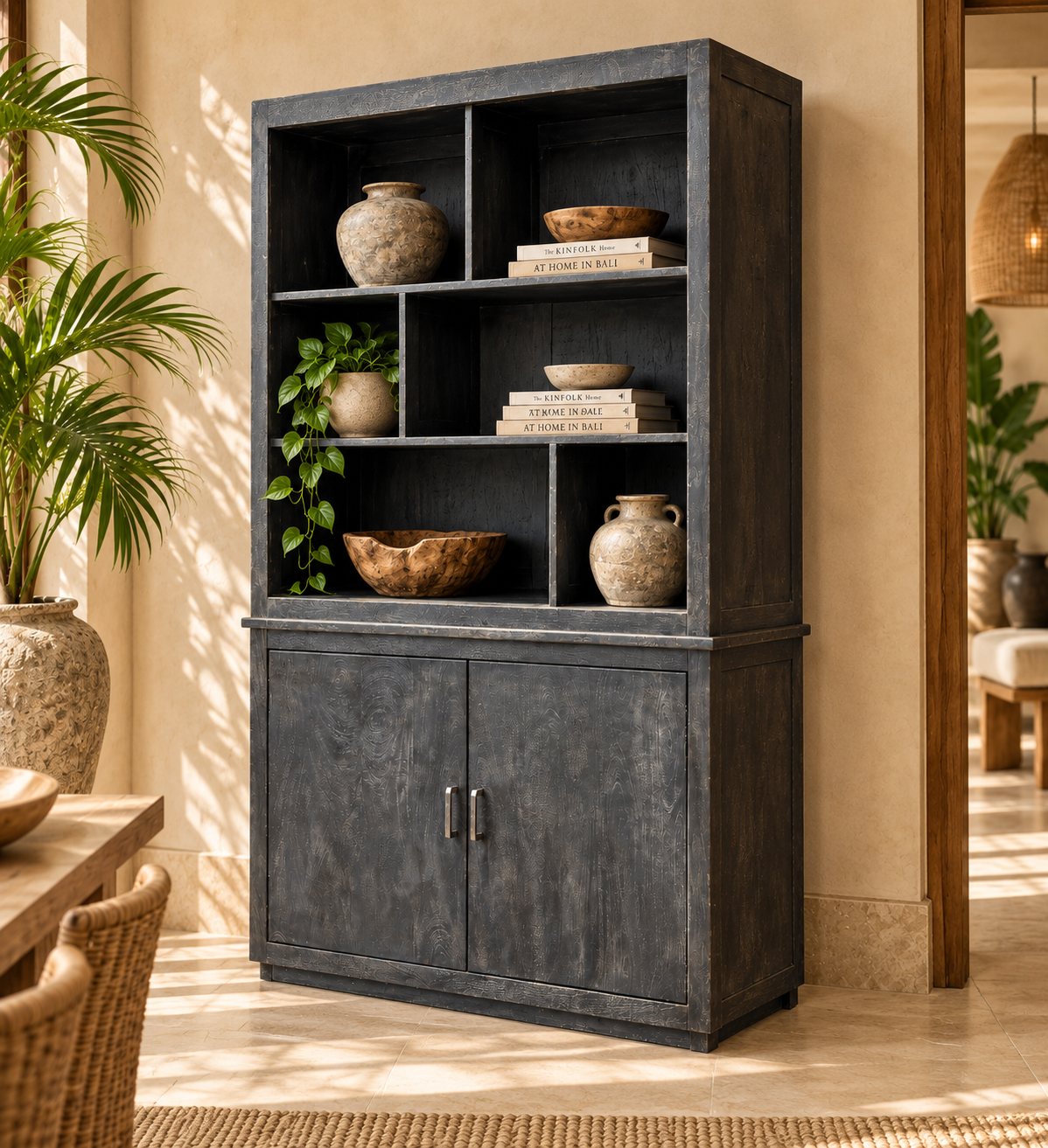 Black Indian Wood Hutch with Open Shelving - 48 x 18 x 79 in