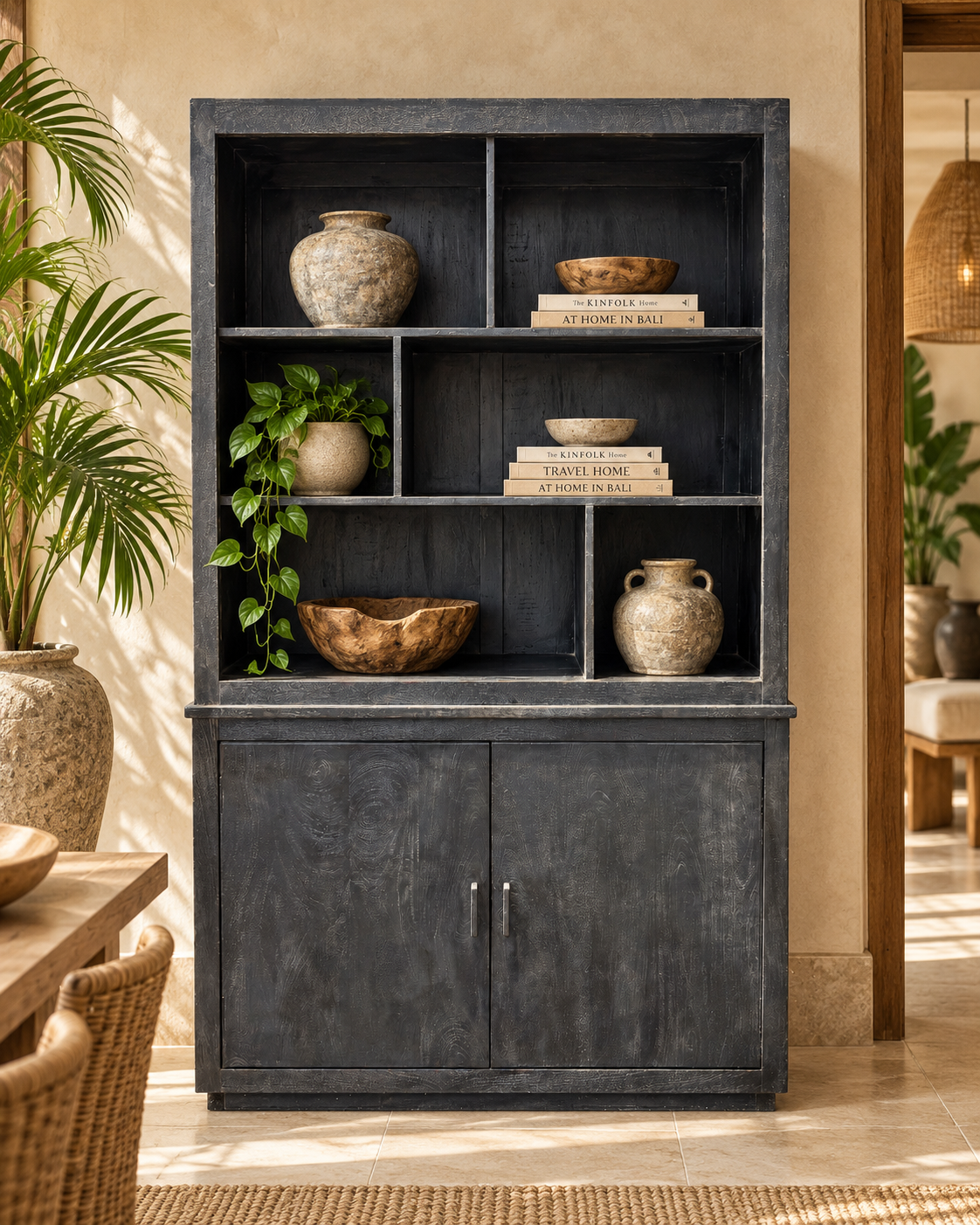 Black Indian Wood Hutch with Open Shelving - 48 x 18 x 79 in