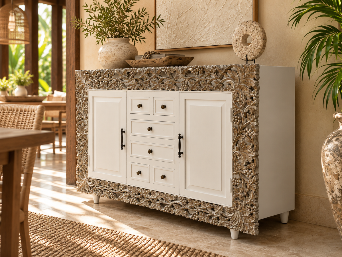 Carved White Sideboard with Drawers & Cabinets - 60 x 18 x 39 in