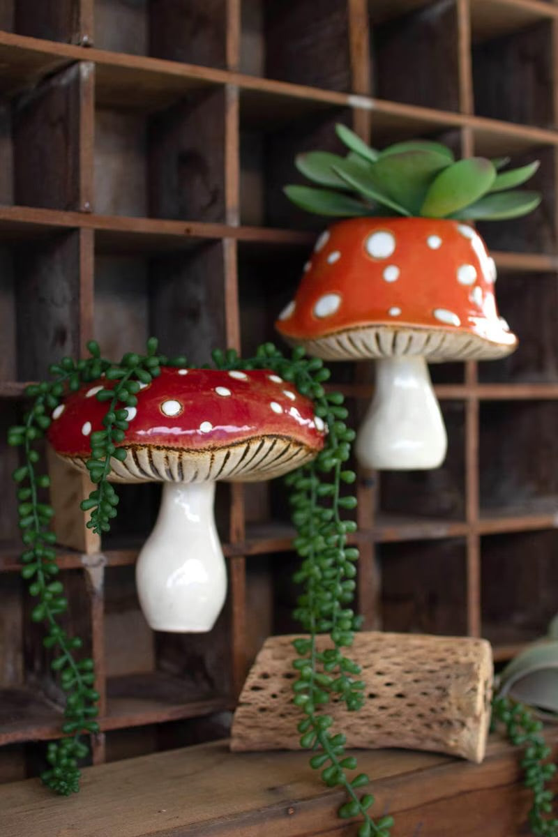 Set of Two Ceramic Toadstool Wall Planters
