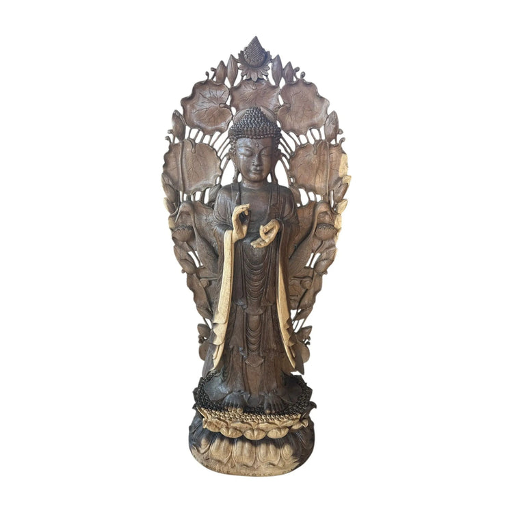 Wood Standing Buddha w/ Flowers Anteak