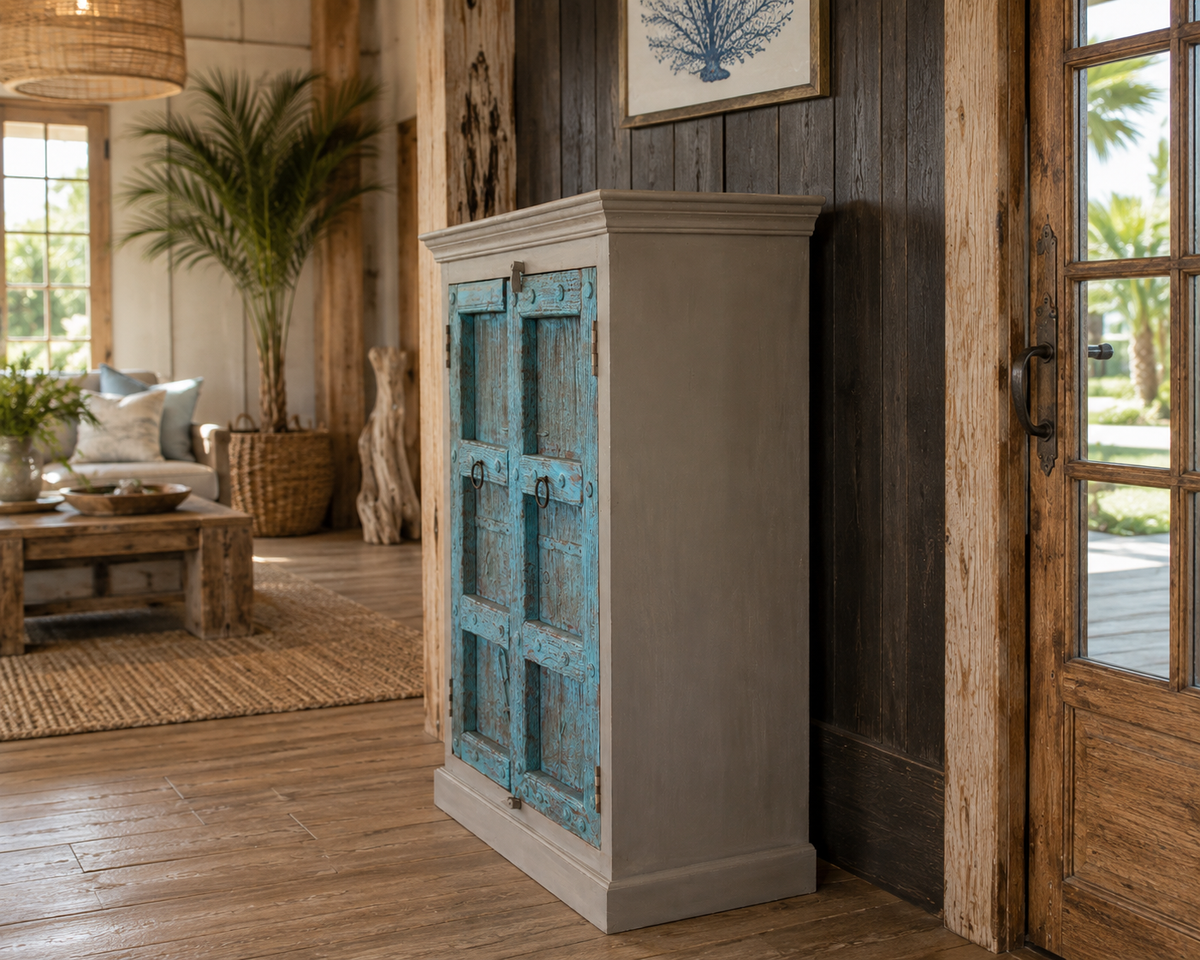 Turquoise Reclaimed Wood Door Cabinet | Storage Cabinet
