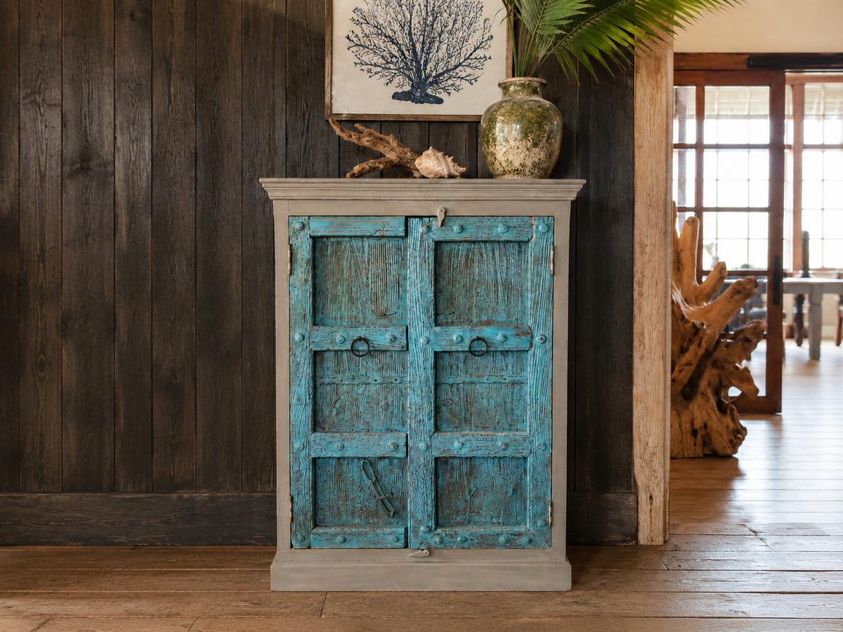 Turquoise Reclaimed Wood Door Cabinet | Storage Cabinet