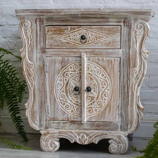 White Washed Carved Side Table Broward Design Center