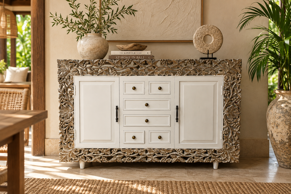 Carved White Sideboard with Drawers & Cabinets - 60 x 18 x 39 in