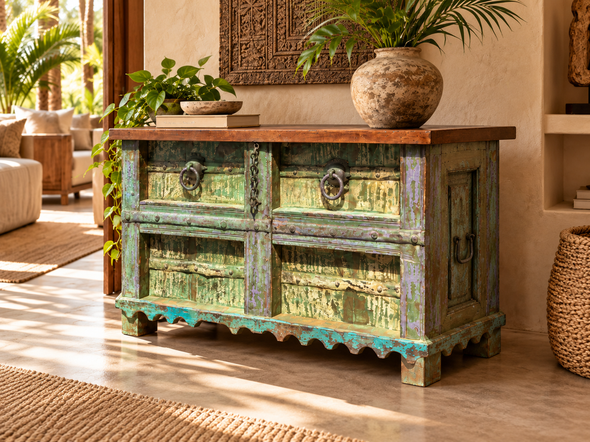 Indian Painted Wood Trunk with Distressed Finish - 40 x 19 x 24 in