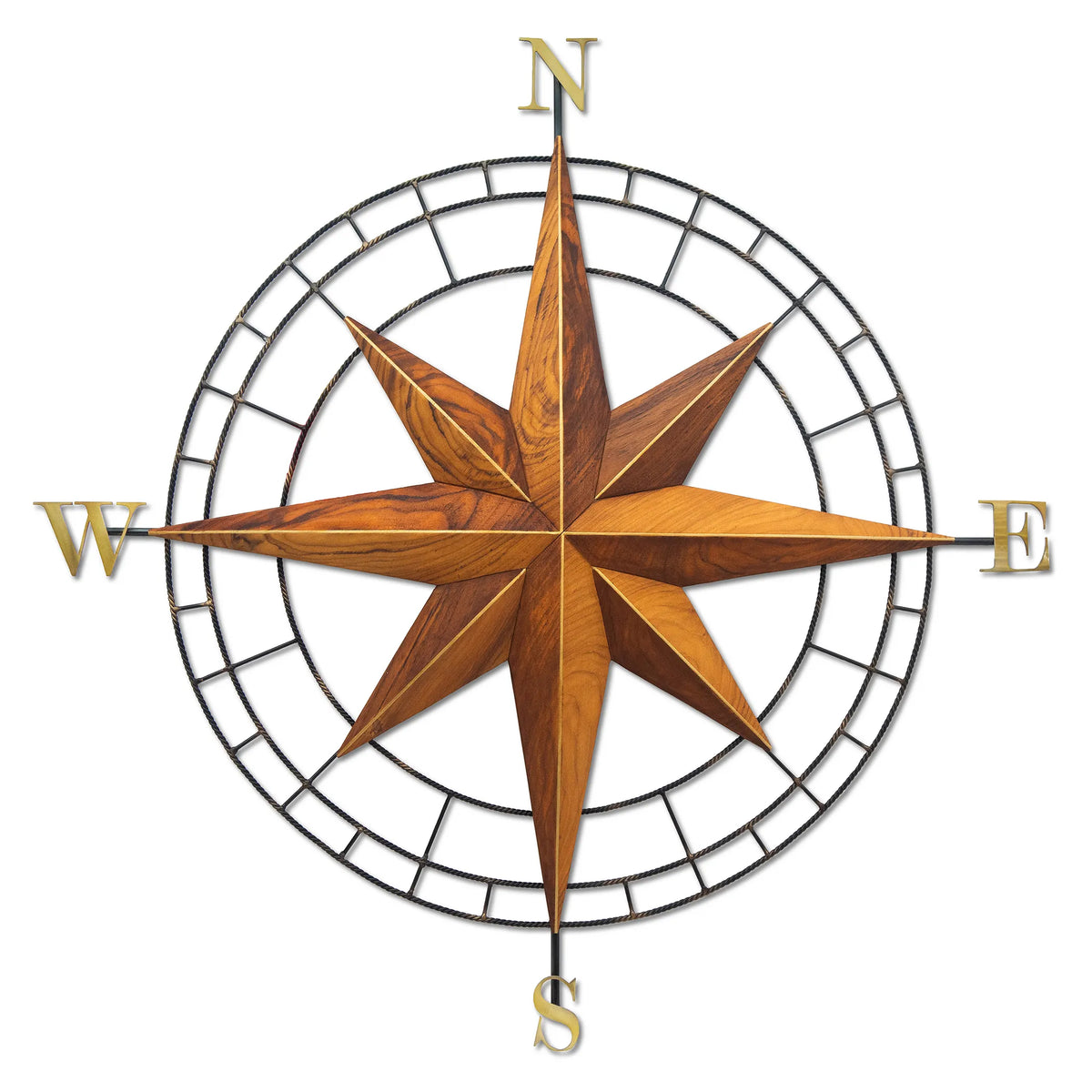 Hand-Carved Teak Compass Rose Wall Art with Stainless Steel Frame – 30”