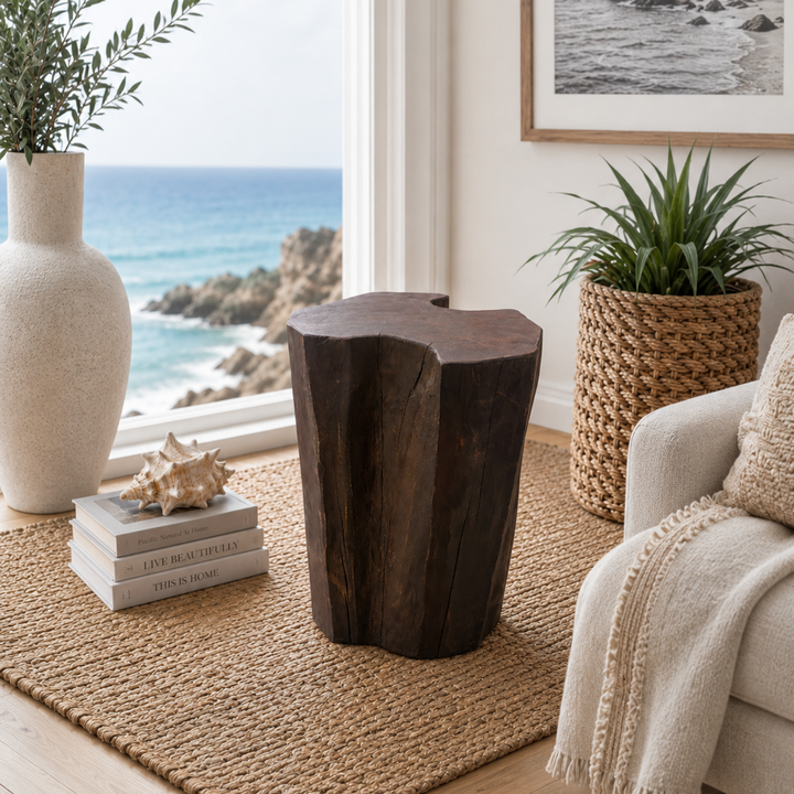 Solid teak wood stump side table