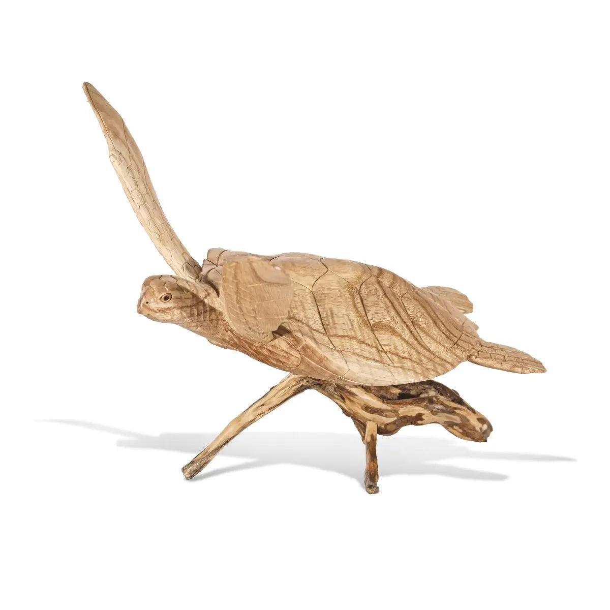 Hand-Carved Jempinis Wood Small Sea Turtle Sculpture on Driftwood Stand – 14”
