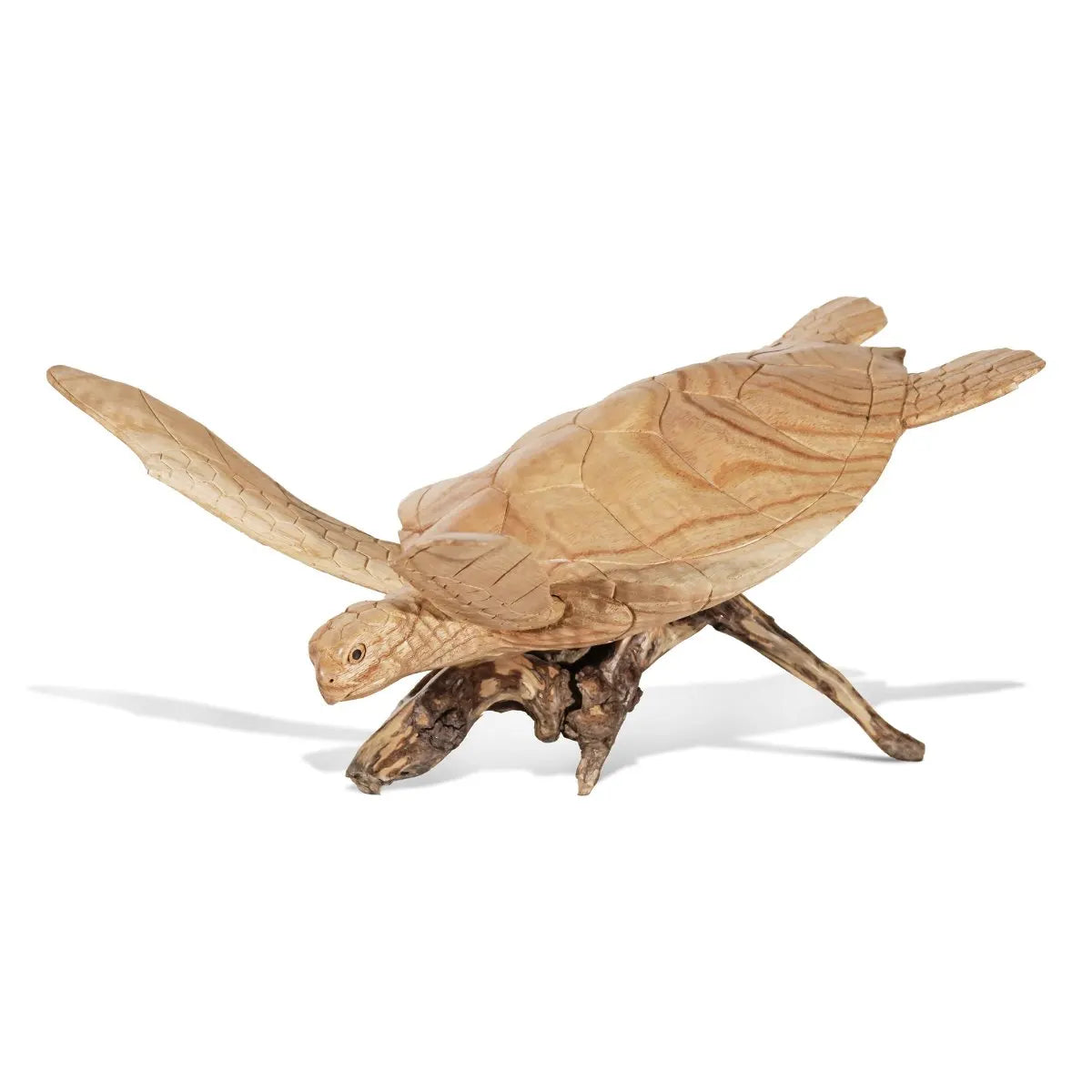 Hand-carved jempinis wood small sea turtle sculpture on driftwood stand, 14 inch, additional view 3
