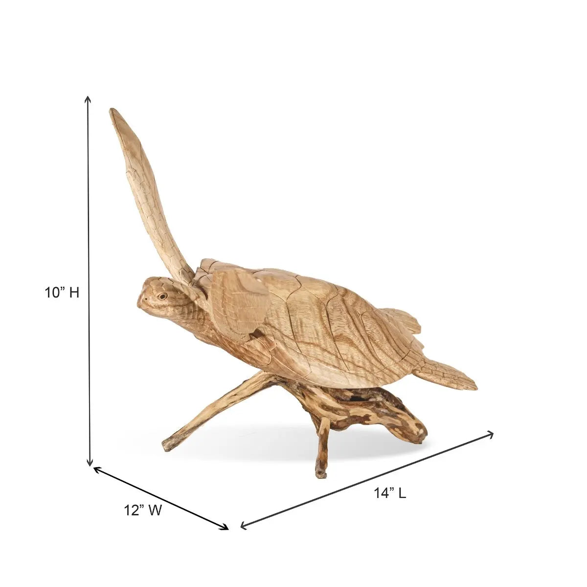 Hand-Carved Jempinis Wood Small Sea Turtle Sculpture on Driftwood Stand – 14”