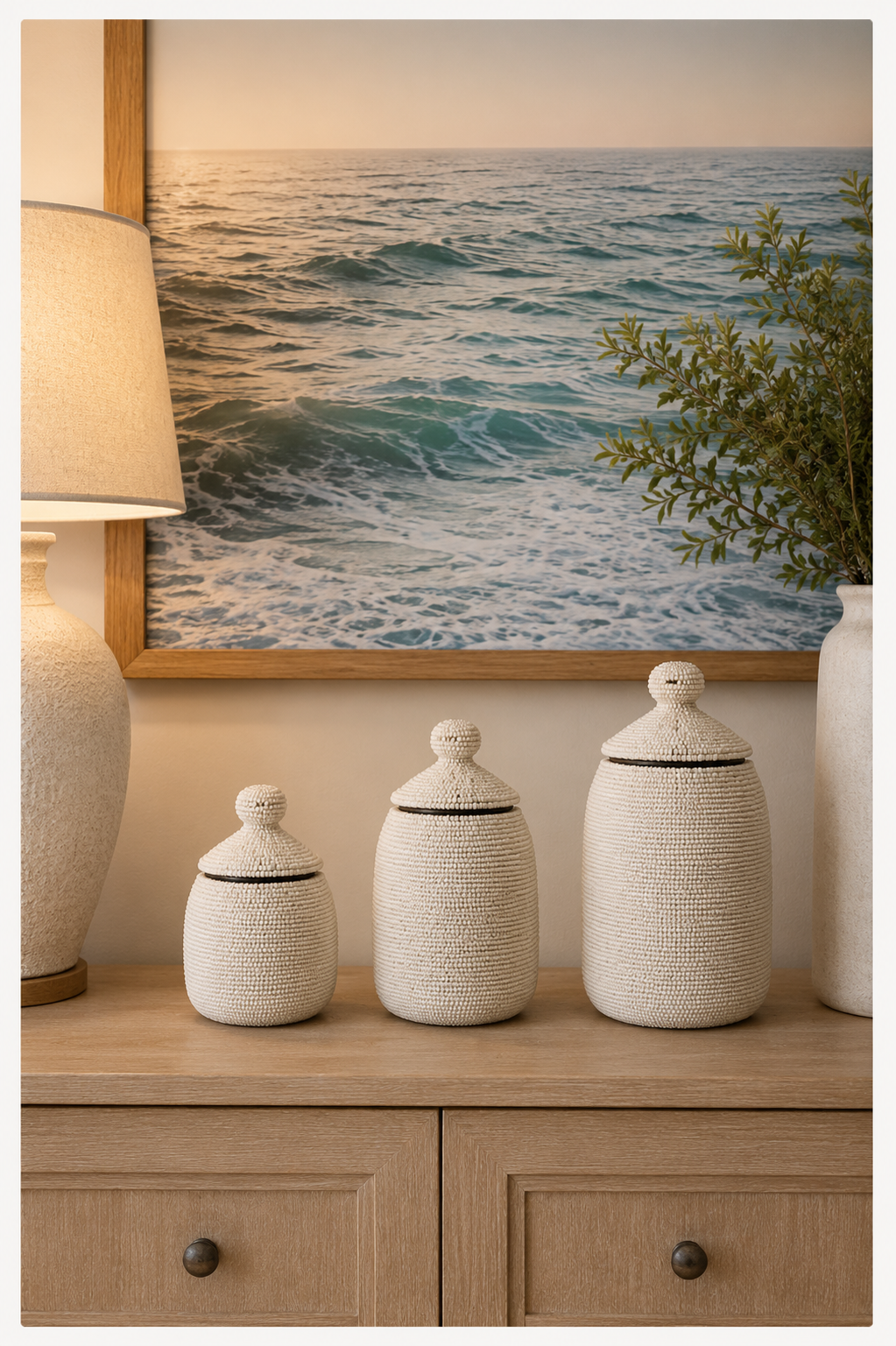 Beaded wooden jar set of 3