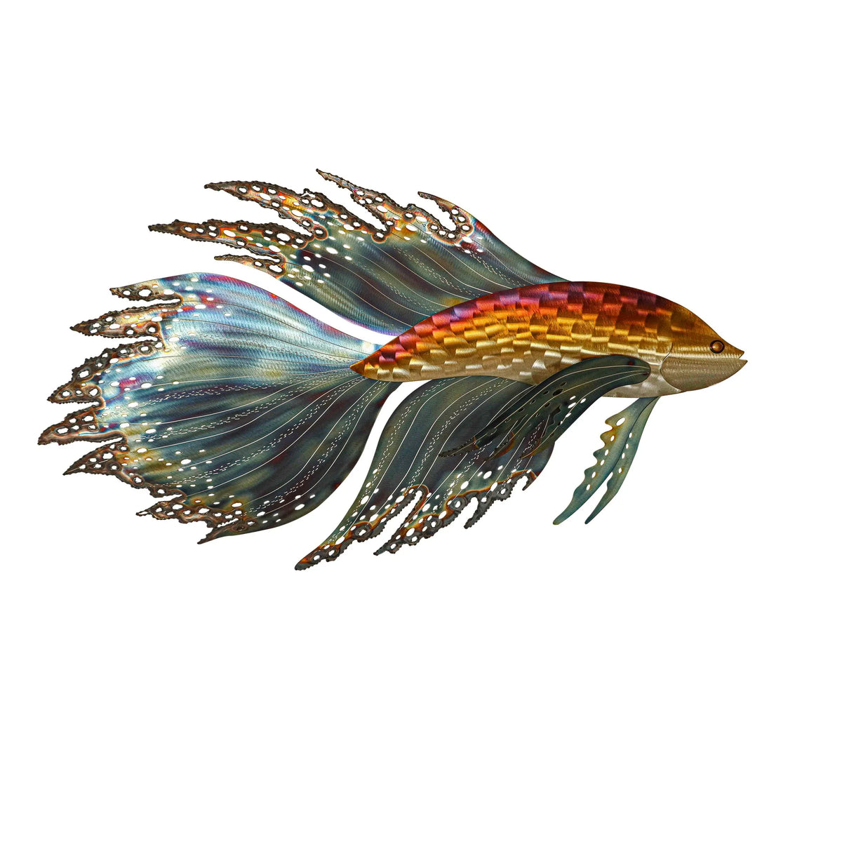Colorful Betta fish with intricate patterns on a white background