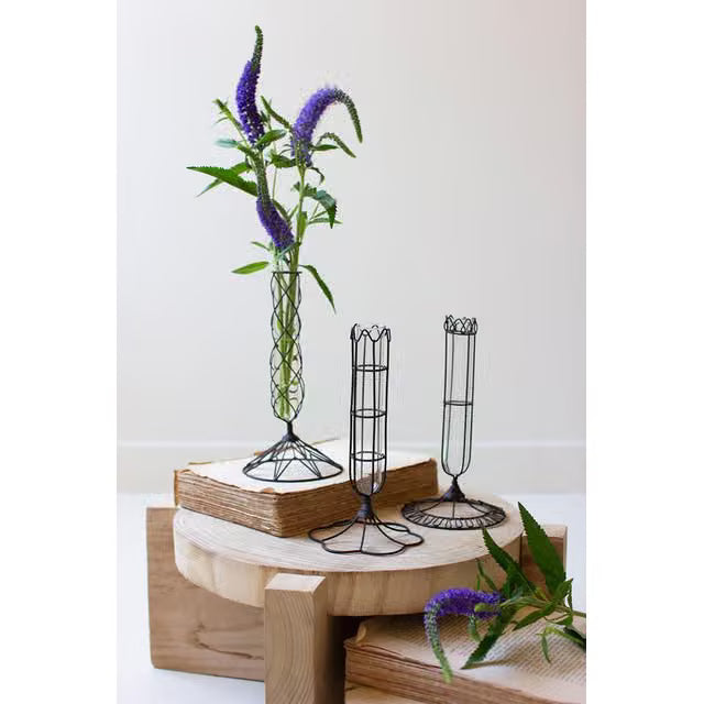 Set of 3 wire wrapped glass bud vases